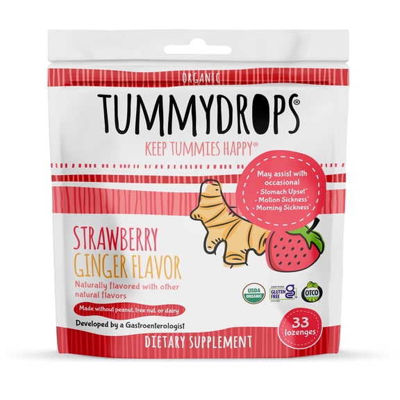 USDA Organic Strawberry Ginger Flavor Tummydrops, 33 lozenges (Organic, Gluten Free, Vegan, Kosher)