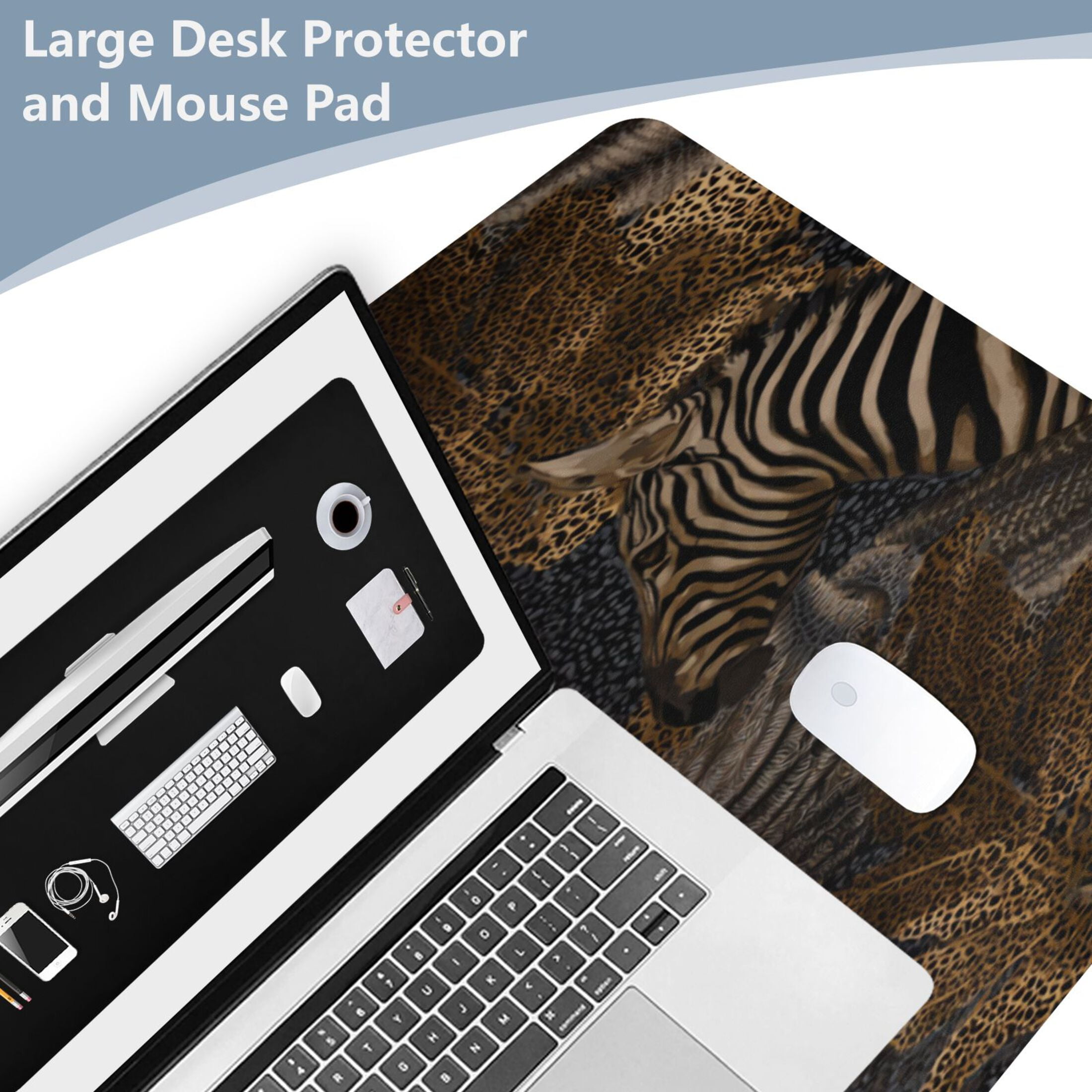 Leather Keyboard and Mouse Desk Mat Office Desk Accessories Protective Office Desk Decor Desk Pad Mat for Gaming, Work from Home, Office Zebra Print 16.5" x 35.4"