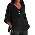 thumbnail image 2 of Brnmxoke 3/4 Sleeve Linen Tops for Women Loose Fit Summer Casual Plus Size,V-Neck Three Quarter Sleeve Solid Color Tops Shirt Women Blouse 2024 Trendy Curved Hem Linen Blend Top, 2 of 4
