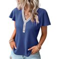 thumbnail image 1 of Tops elegantes con botones de empalme de gofres para mujer, camiseta de manga Feifei de estilo dulce, camisetas rectas informales para mujer 2023, 1 of 5