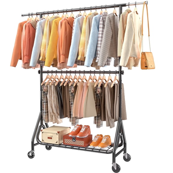 TreGazze Double Rods Heavy Duty Clothes Rack on Wheels, Portable Rolling Clothing Rack with Shelves for Hanging Clothes, up to 560 lbs, Black