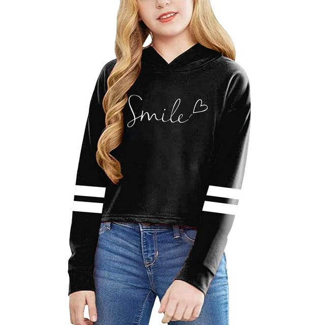 GDREDA Spring Sweatshirt Children Girls Long Sleeve Letters Solid Color Short Hoodie Hoodie Top For Large Children Black,6-7 Years