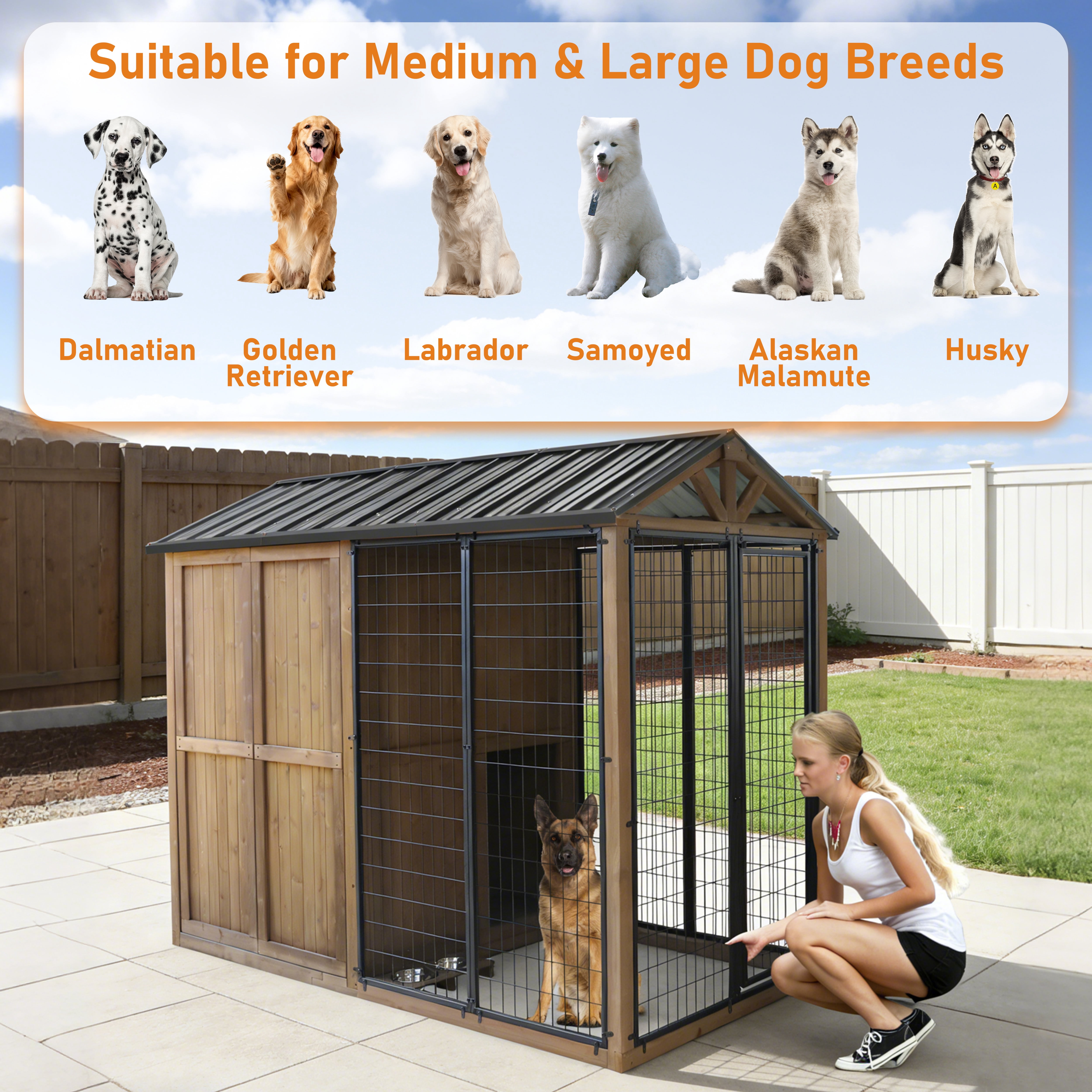 VEIKOUS 8' x 4' Large Outdoor Dog Kennel, Walk-in Partition Design Dog House with Double Doors & Observation Window, Pet Shelter with Waterproof Roof, Stainless Steel Bowls for Large Breeds