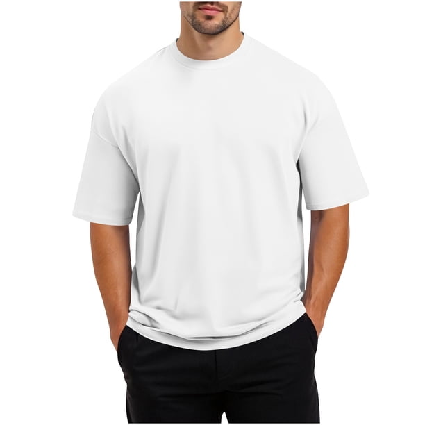 Manga Corta de Verano Tops de Color Sólido Casual Manga Corta Cuello Redondo Doblado Hendidura Superior, Camisa de Fibra de Poliéster para Hombres, Lavado de Manos
