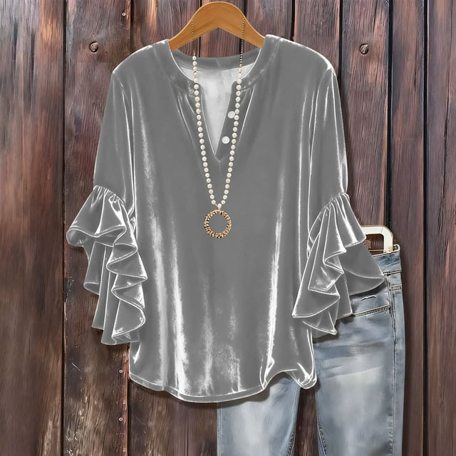 TACILIP Womens Dressy Casual Blouses 3/4 Sleeve Velvet Tops Button V Neck Ruffle Tops Summer Fashion Work Shirt
