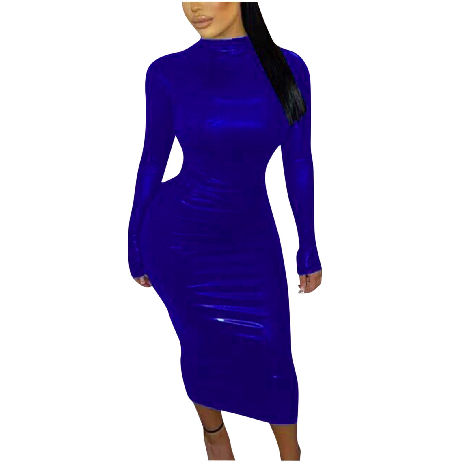 Yuyuzo Women PU Long Dress Turtleneck Long Sleeve Straight Line