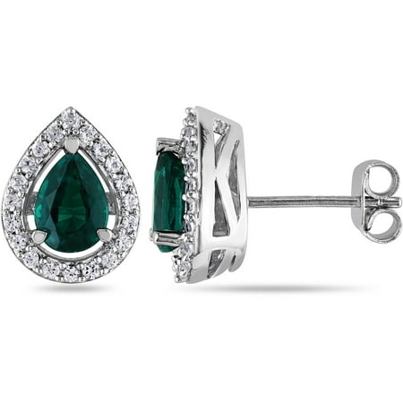 1-3/4 Carat T.G.W. Created Emerald and Created White Sapphire Sterling Silver Stud Teardrop Earrings