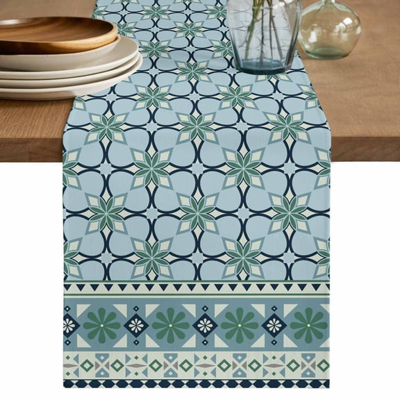 Table Runner 108 Inches Long for Kitchen Dining, Blue Flowers Dresser Scarf Farmhouse, Dining Table Decorations for Wedding/Parties, Farmhouse Country Abstract Floral Patterned 13 x 108 In