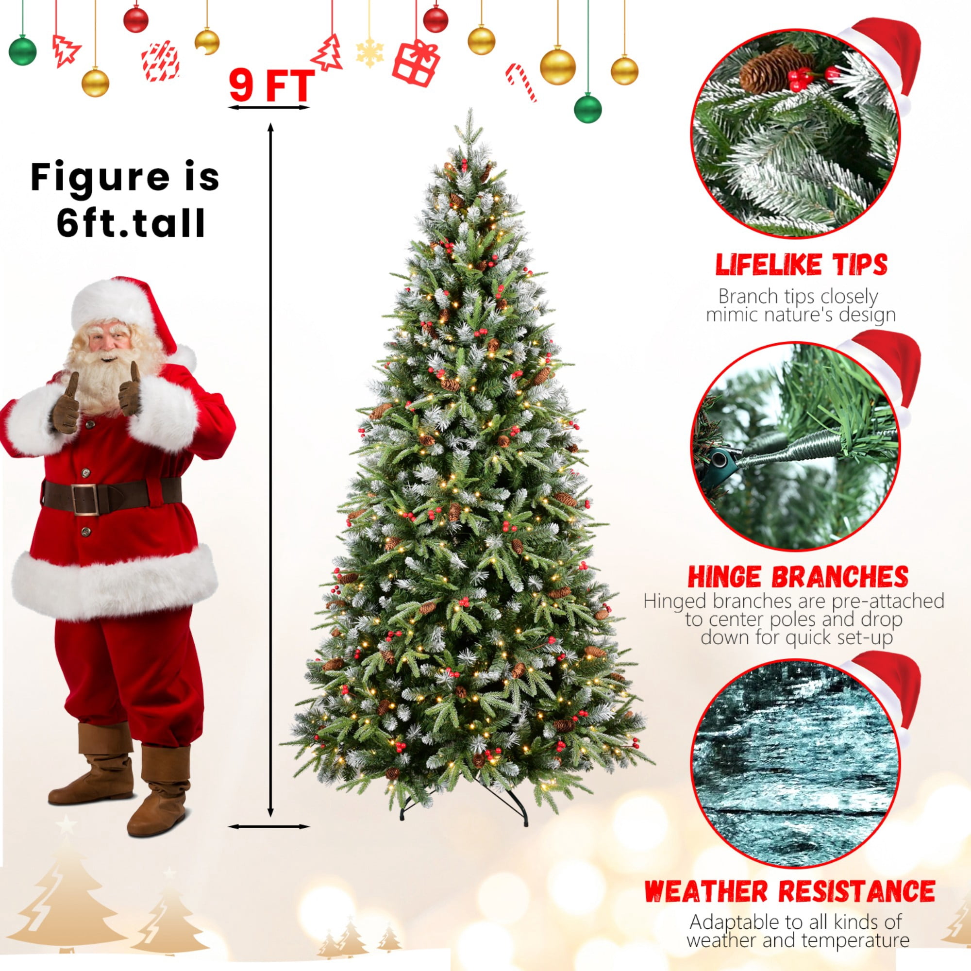 DEALTOPS 9 FT Pre-Lit Snow-Tipped Christmas Tree with Red Berries, Pine Cones, 750 Warm White LEDs & 3750 Tips