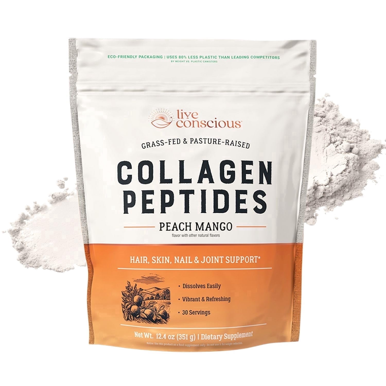 Live Conscious Collagen Peptides Powder, Peach Mango, Grass-Fed Types I & III, Skin, Hair, Nails & Joint Support, 30 Servings