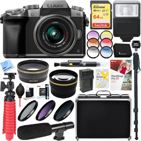 Panasonic LUMIX G7 Interchangeable Lens Mirrorless Digital Camera (Silver) with 14-42mm Lens + 64GB SDXC Memory Card & Microphone Accessory