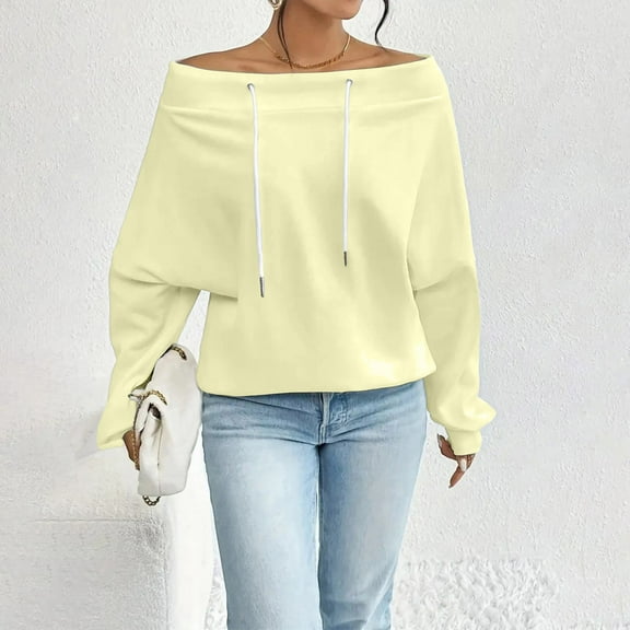 Qulqfy Long Sleeve Tops for Women Beige Going Out Off Shoulder Sweatshirts Dressy Casual Officewear Drawstring Shirts for Women