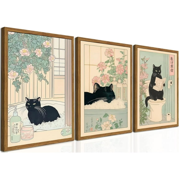 Framed Japanese Bathroom Wall Art Set of 3, Cute Tabby Cat Fox and Frog in Bathtub Pictures Wall Decor Paintings, Vintage Funny Animal Canvas Prints Home Decor for Restroom Toilet Spa Room 12x16 inch