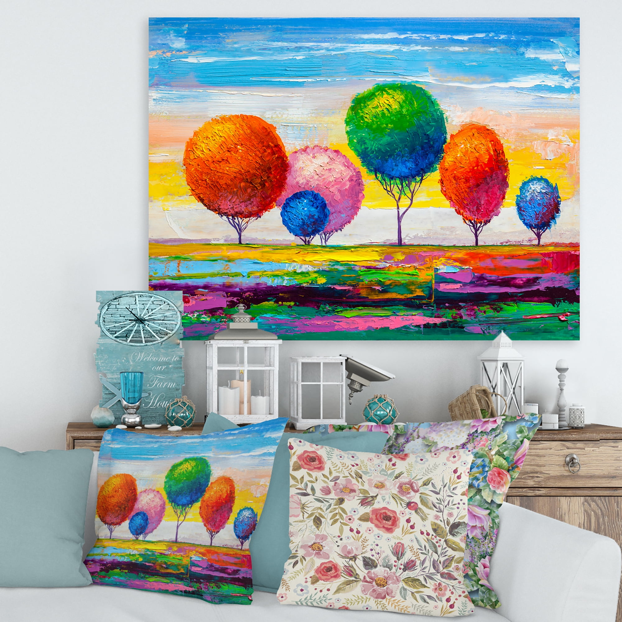 Designart ' Ornamental Colourful Trees VI ' Modern Canvas Wall Art Print