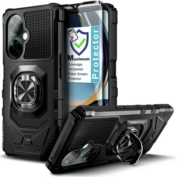 Compatible for Boost Mobile Celero5G  (2024) Phone Case with Tempered Glass Screen Protector, Nagebee Full-Body Protective [Military-Grade] Magnetic Car Mount Ring Holder Durable Cover (Black)