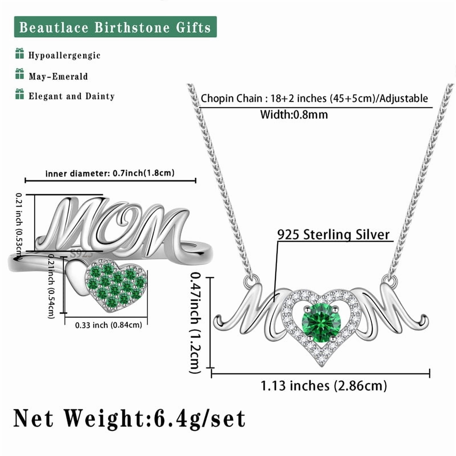 Beautlace Mom Necklace and Ring Set,925 Sterling Silver Love Heart May Emerald Birthstone Pendant Necklace/Adjustable Open Rings Jewelry Set Mother's Day Birthday Gifts for Mom Women Her Gandma