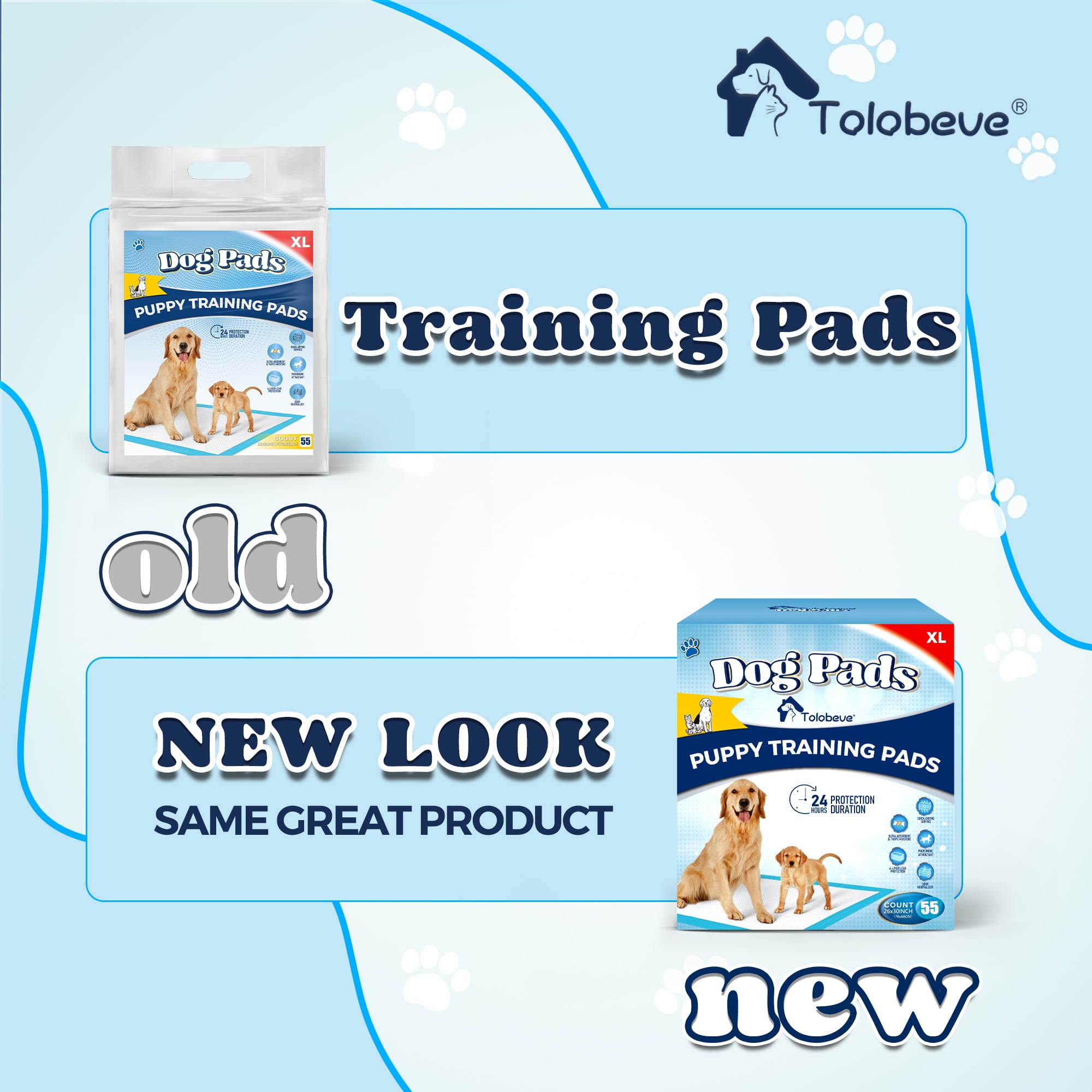 Tolobeve Puppy Dog Absorbent Training Pads, XL, 26 in x 30 in, 55 Count Disposable Pee Pad