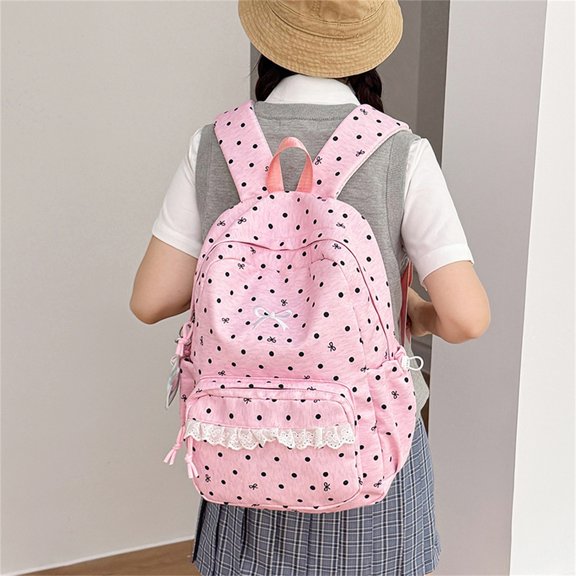 Backpack for Girls Kawaii Polka Dot Bow Lace Trim Lightweight Water Resistant Multi Pocket School Book Bag Casual Travel Daypack