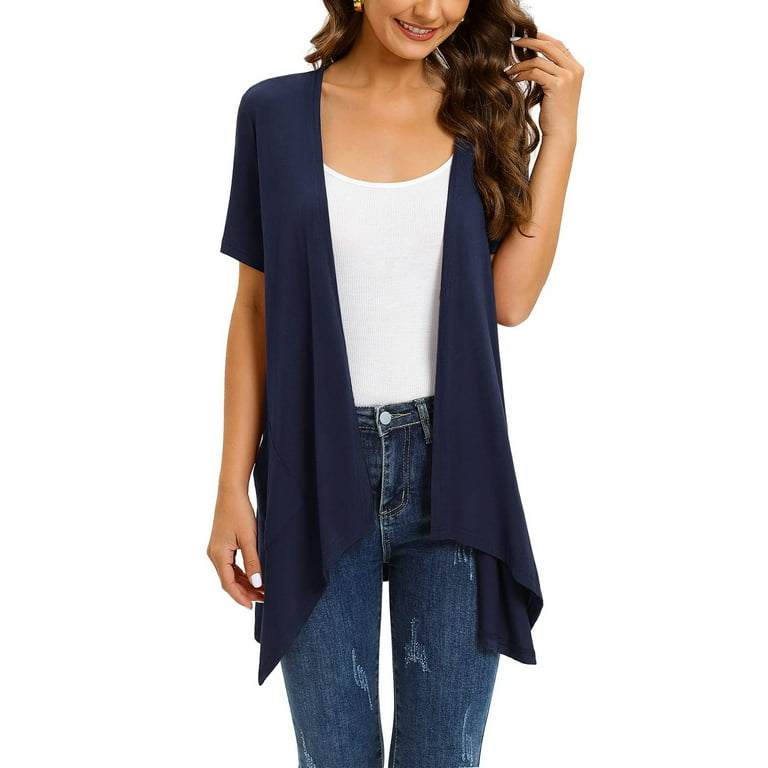 Soighxzc Women's Open Front Cardigan Solid Color Tops Short Sleeve