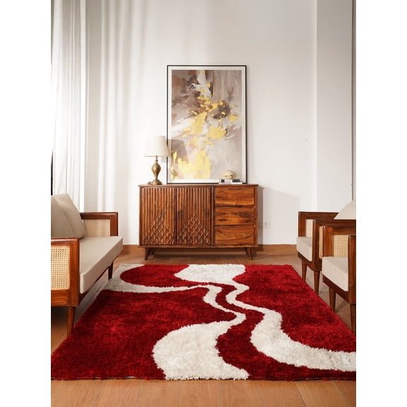 Rugsotic Carpets Hand Tufted Shag Polyester Eco-Friendly 4'x6' Area Rugs Rectangle Red White Contemporary Modern High Pile Thick Handmade Anti Skid Indoor Rug for Living Room, Bedroom K00003