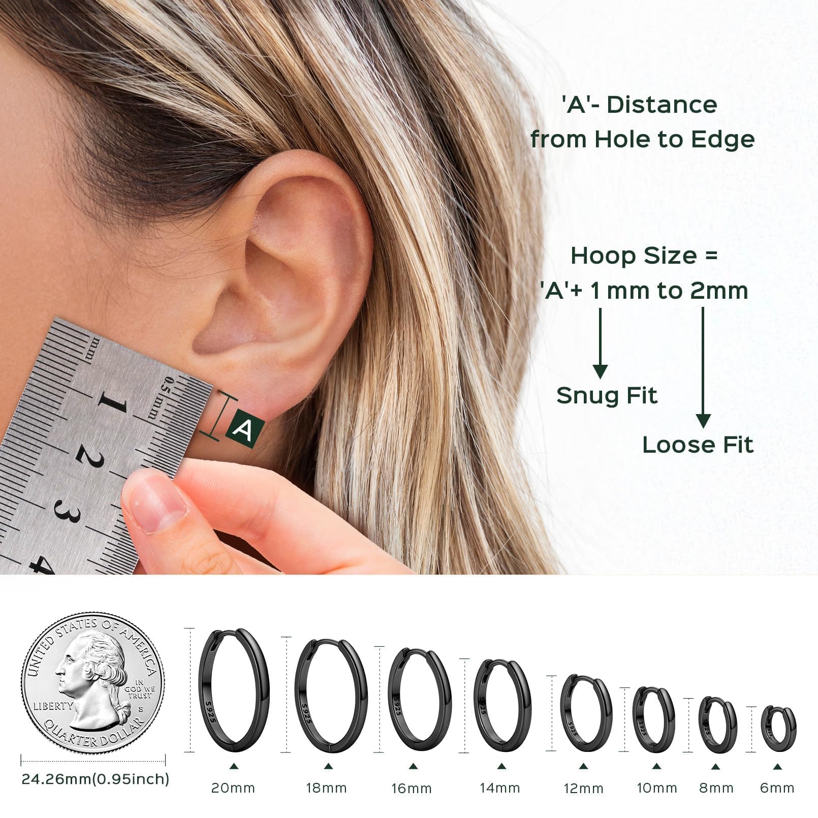 ChicSilver Hypoallergenic Black Huggie Earrings for Women Small Black Hoop Earrings for Women Sterling Silver Earring 18MM