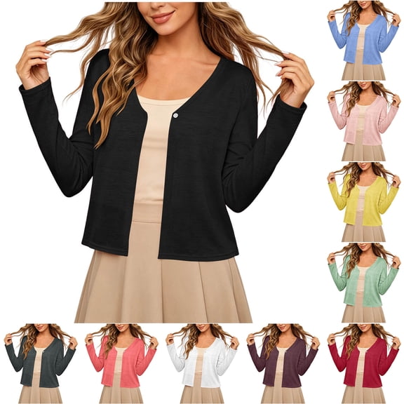 Women's Lightweight Knit Cardigan Single Button V Neck Long Sleeve Cropped Sweater Tops Open Front Summer Cover Ups Outerwear Yellow