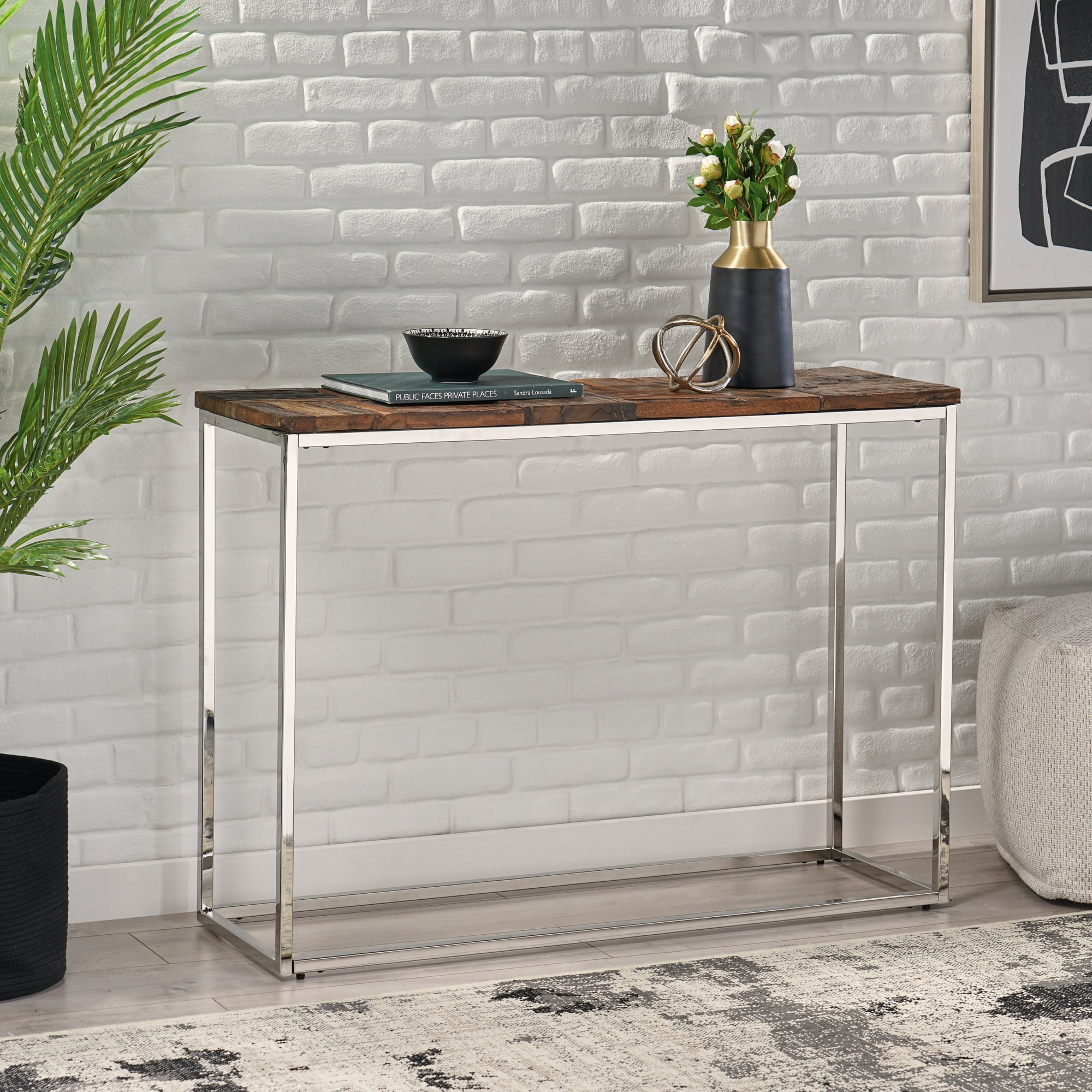 Console Table with Recycled Wood Top and Silver Stainless Steel Frame, Boho Glam Handcrafted Accent Table for Entryway or Living Room, Natural and Silver, 43.51” W x 13.75” D x 31” H
