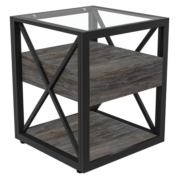 Modern Nightstand End Table with Rustic Wood Drawer & Glass Top