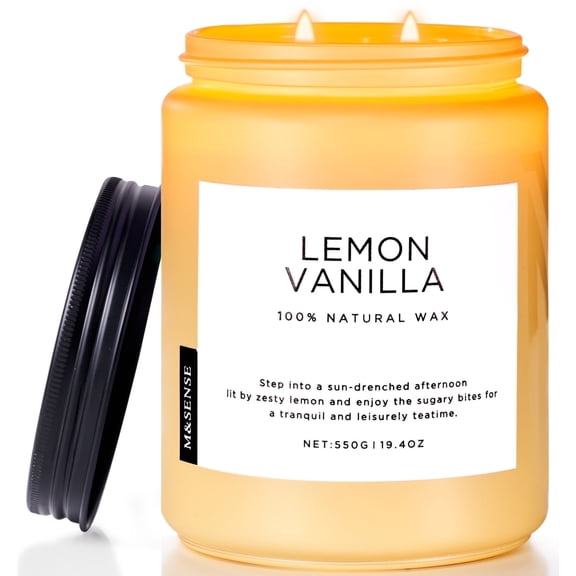 M&SENSE Lemon Vanilla Scented Candle, 19.4oz Soy Jar Candles for Home, Large 2 Wick, Up to 110 Hours Burn time, Natural Organic Fragrance