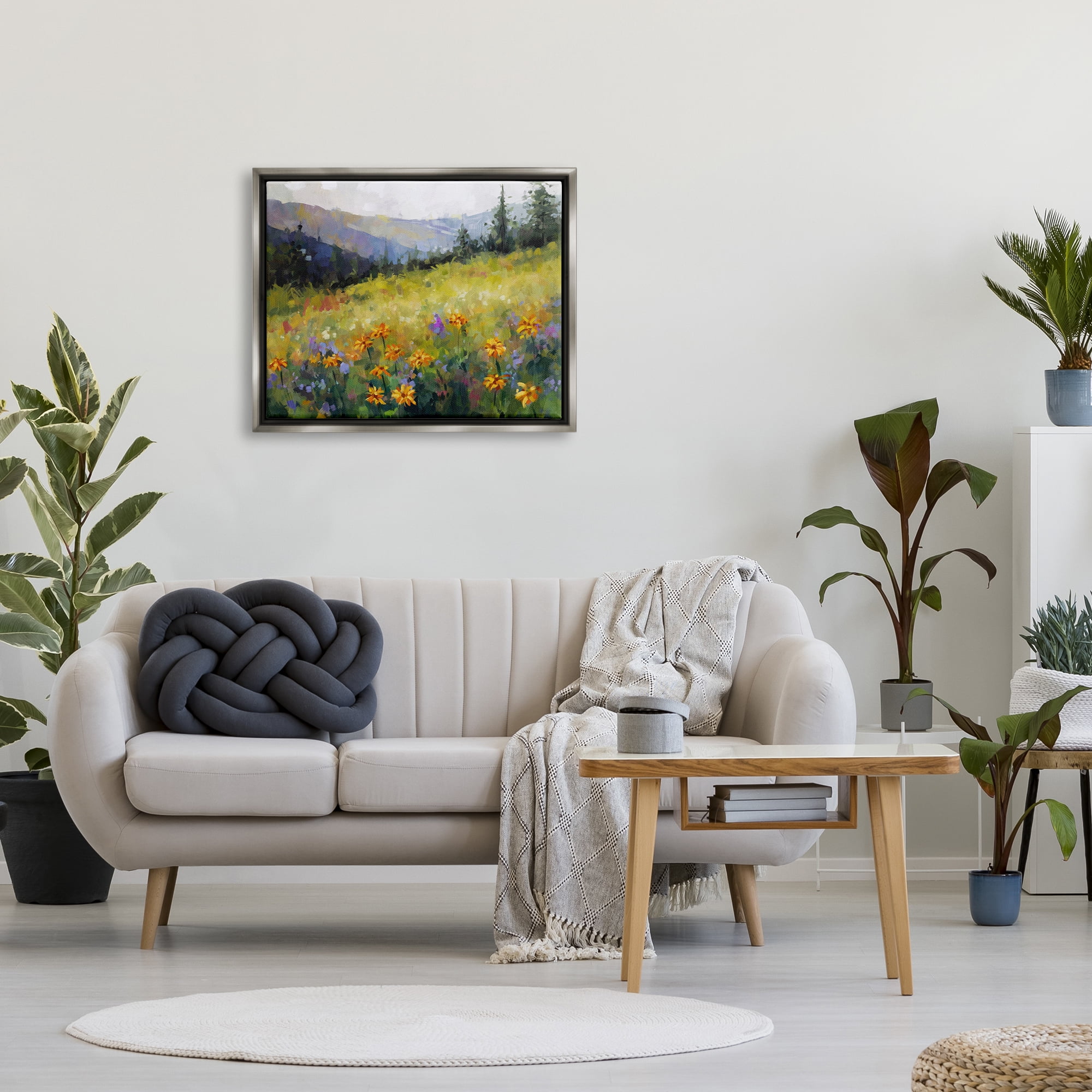 Stupell Industries Flower Meadow Painting Landscape Painting Gray Floater Framed Canvas Art Print Wall Art, 31 x 25