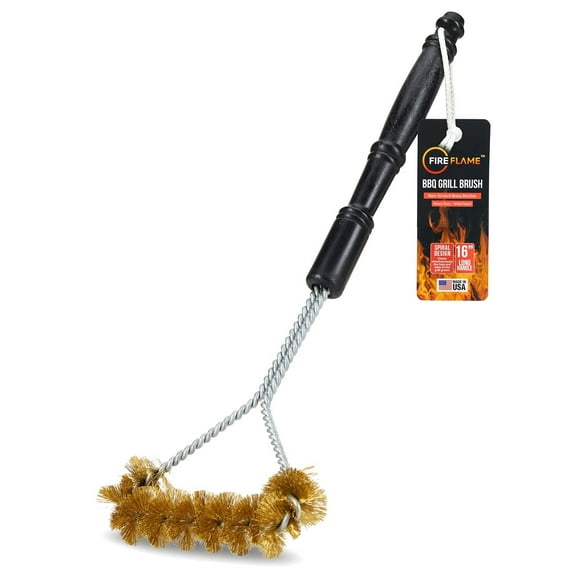 Fireflame BBQ Grill Brush Non-Scratch Brass Bristles - 16-Inch Long Handle Barbecue Grill Cleaning Brush - Wide-Faced Spiral Heavy-Duty Made in The USA