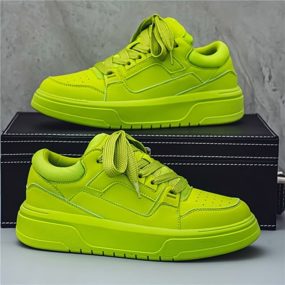 [Laceup Sneakers] Men's Vibrant Lime Green Skate Shoes - Thick Sole, Height-Boosting, Versatile Candy Color Casual Sneakers with Durable PU Upper & PVC Sole, Comfortable Fabric Lining