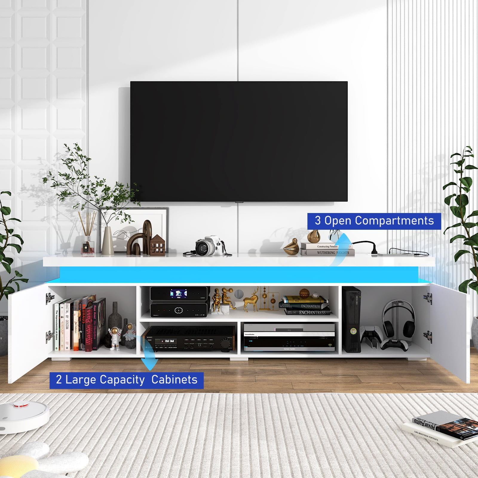 LED TV Stand for TVs up to 75" with Power Outlets, High Gloss Gaming Entertainment Center Media Console with Sound Bar Shelf