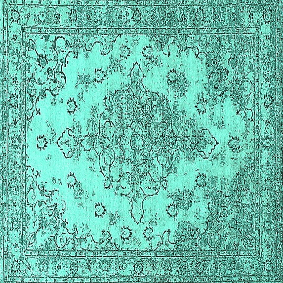 Ahgly Company Machine Washable Indoor Square Oriental Turquoise Blue Industrial Area Rugs, 3' Square