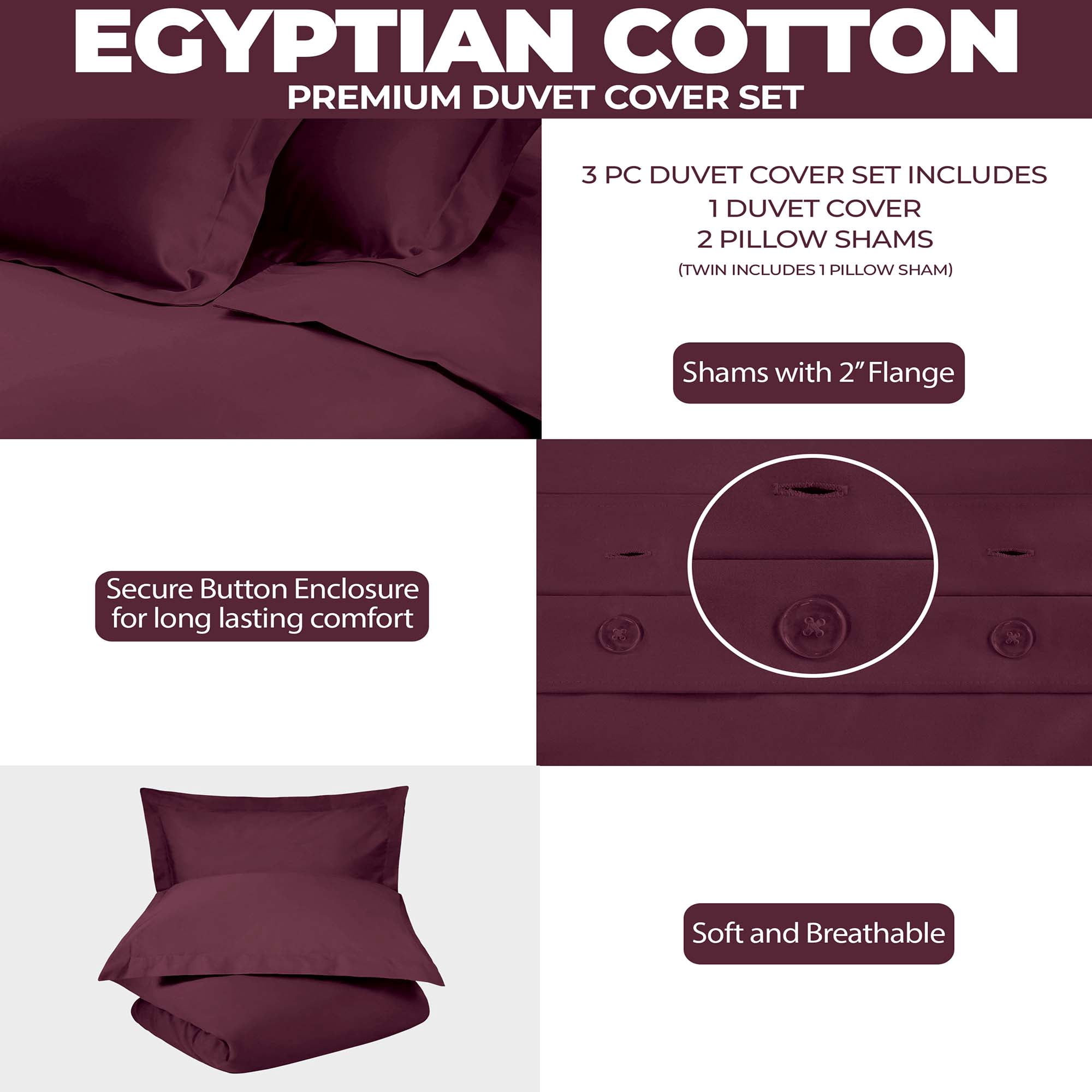 Superior Egyptian Cotton 400 Thread Count Duvet Cover Set, King/California King, Plum