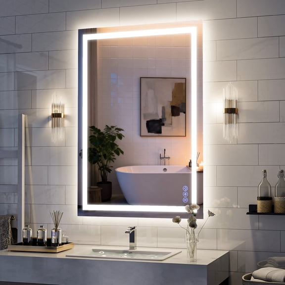 Easy4Home 24"x32" LED Bathroom Mirror Wall Mounted Anti-Fog Vanity Mirror with Adjustable Lights, White