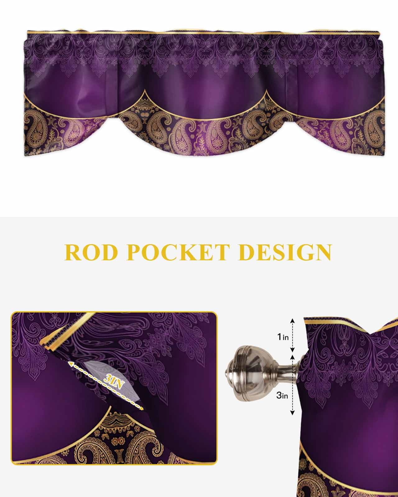 Purple Bohemian Floral Tie Up Valances Curtain, Flower Pattern Vintage Luxurious Kitchen Valances for Windows Decor, Rod Pocket Short Curtains Set for Bedroom/Bathroom, 60"x18"