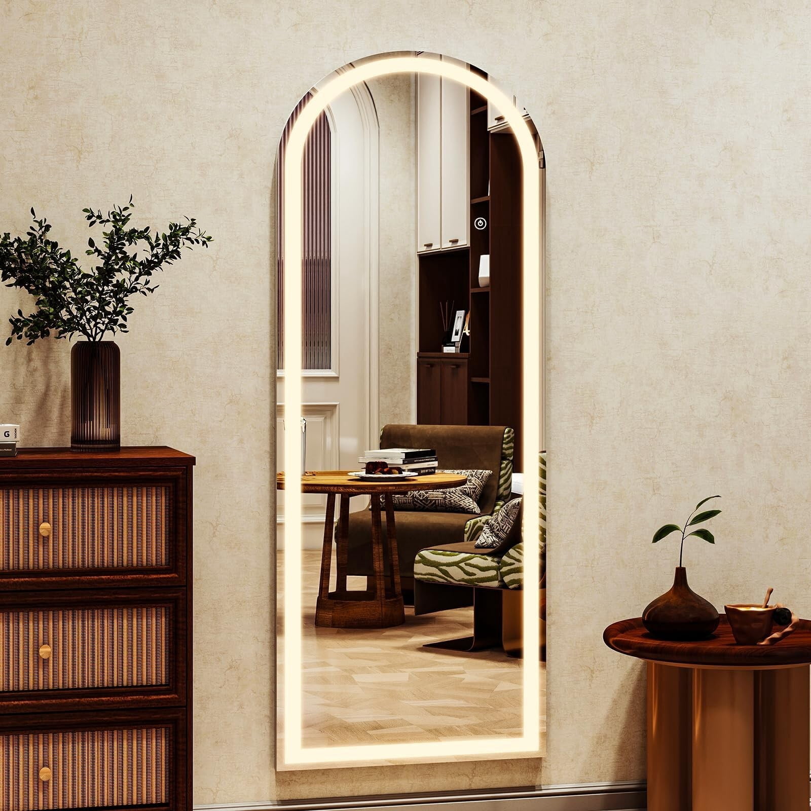 Anyrose 64"x21" Arched Full Length Mirror with LED Lights Wall Mounted Mirror， White