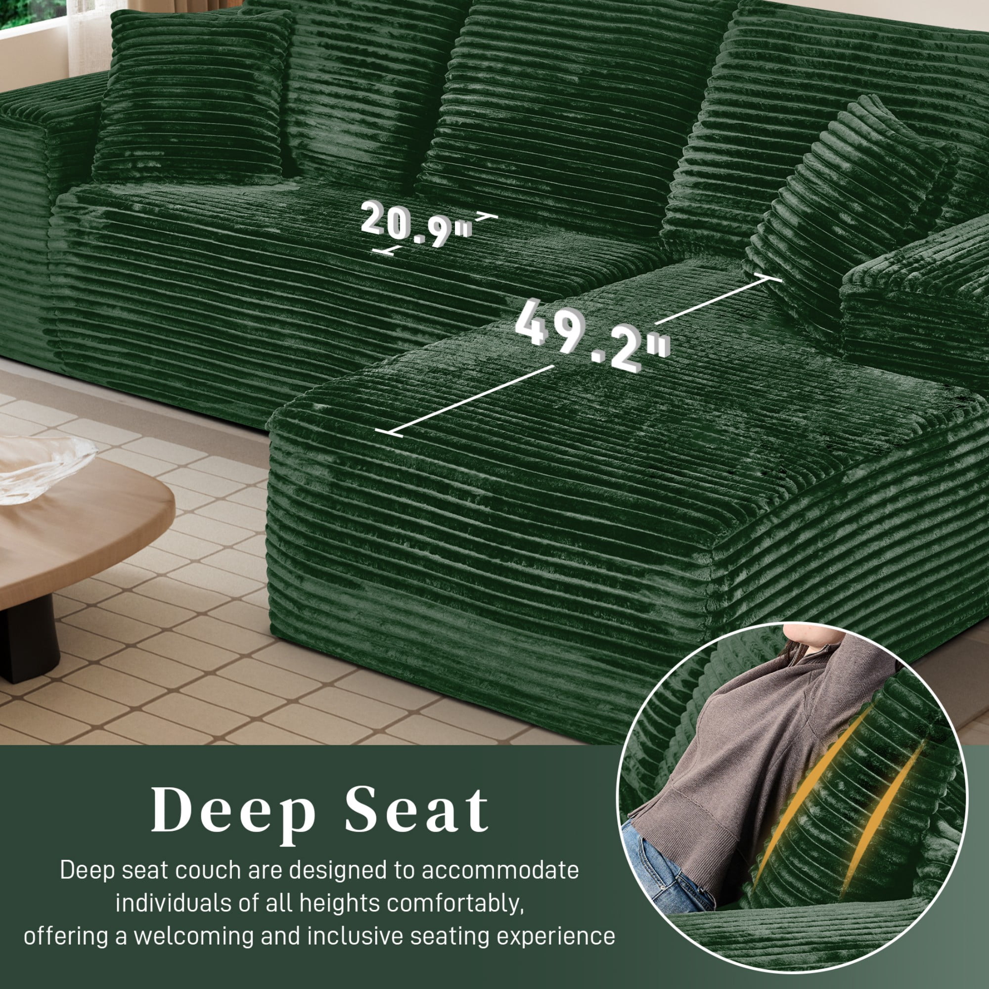 Aukfa 107" Cloud Modular Sectional Couch with Right-Facing Chaise, Corduroy Deep Seat Boneless Sofa for Living Room, Apartment, Emerald