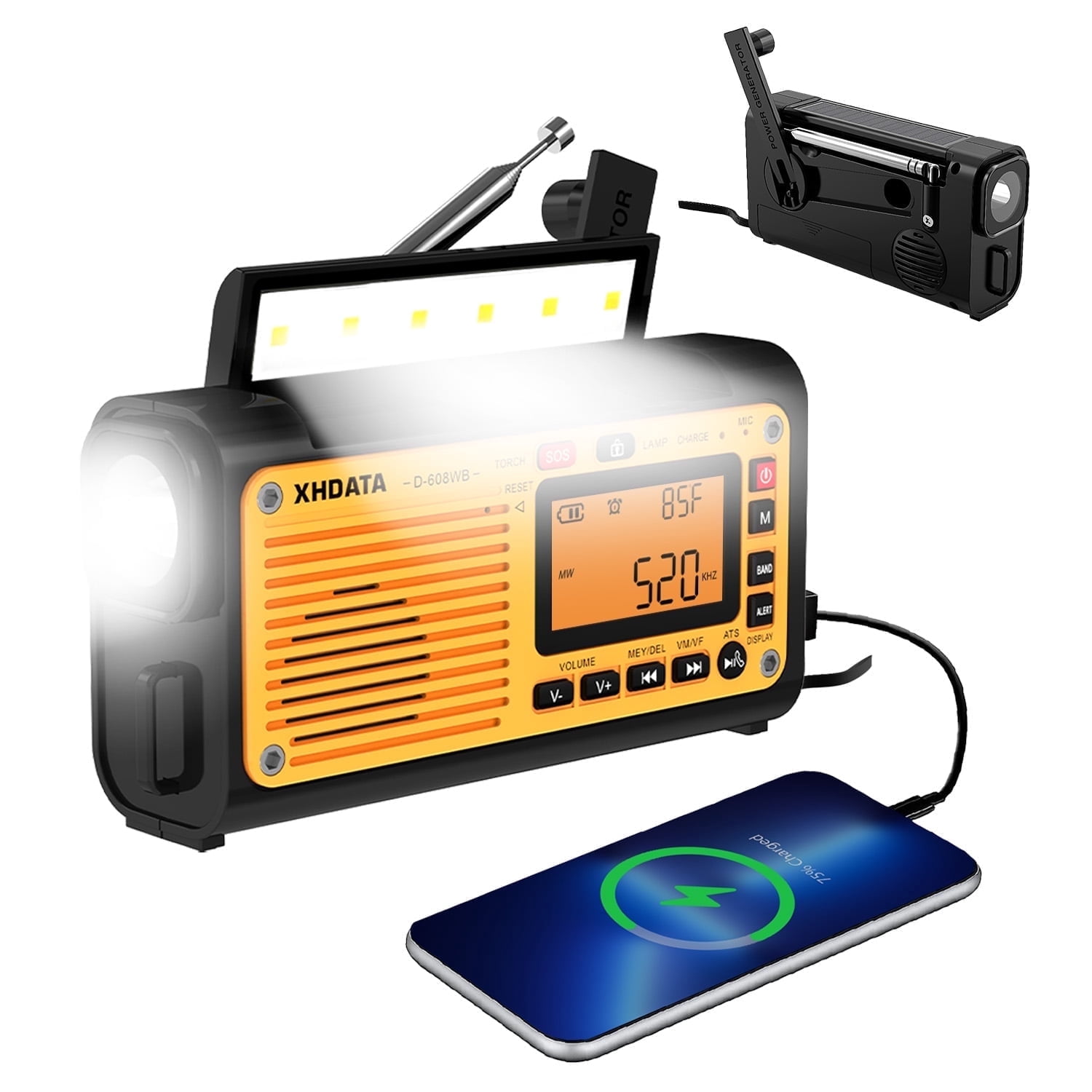 XHDATA D608WB - Emergency Weather Hand Crank Radio FM/AM/SW/NOAA Alert Portable, Bluetooth MP3, USB/Solar/Hand Crank Charging, Flashlight, Reading Lamp and SOS Alarm