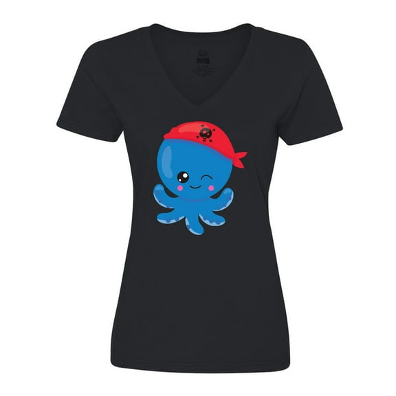 Inktastic Pirate Octopus, Blue Octopus With Red Pirate Hat Women's V-Neck T-Shirt