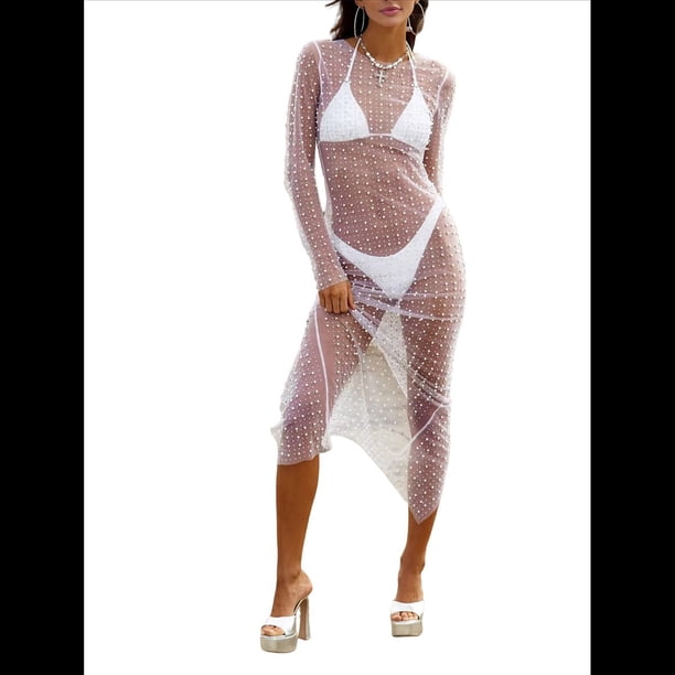 Vestido de Transparente con Perlas y Diamantes de Imitación para Mujer. Traje de Baño Tipo Bikini. S