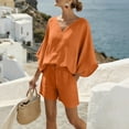 thumbnail image 2 of Lcziwo Women's Cotton Linen 2 Piece Sets Elegant Beach Vacation Outfits Batwing Sleeve V Neck Shirts with Drawstring High Waist Shorts Orange,S, 2 of 9