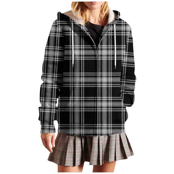 Uaswgudfs Women's Black White Plaid Printed Hooded Zip-Up Jacket, Long Sleeve Casual Coat with Pockets Drawstring - Trendy Daily & Winter Outerwear Black L