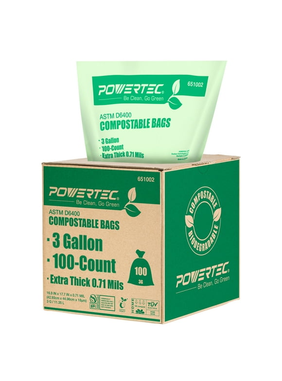 POWERTEC 100 Count 3 Gallon Small Unscented Compostable Trash Bags 11.4 Liter Extra Thick (0.71 Mil) Kitchen Scrap Food Organic Waste Bag, Outdoor, BPI ASTM D6400 and Biodegradable (651002)