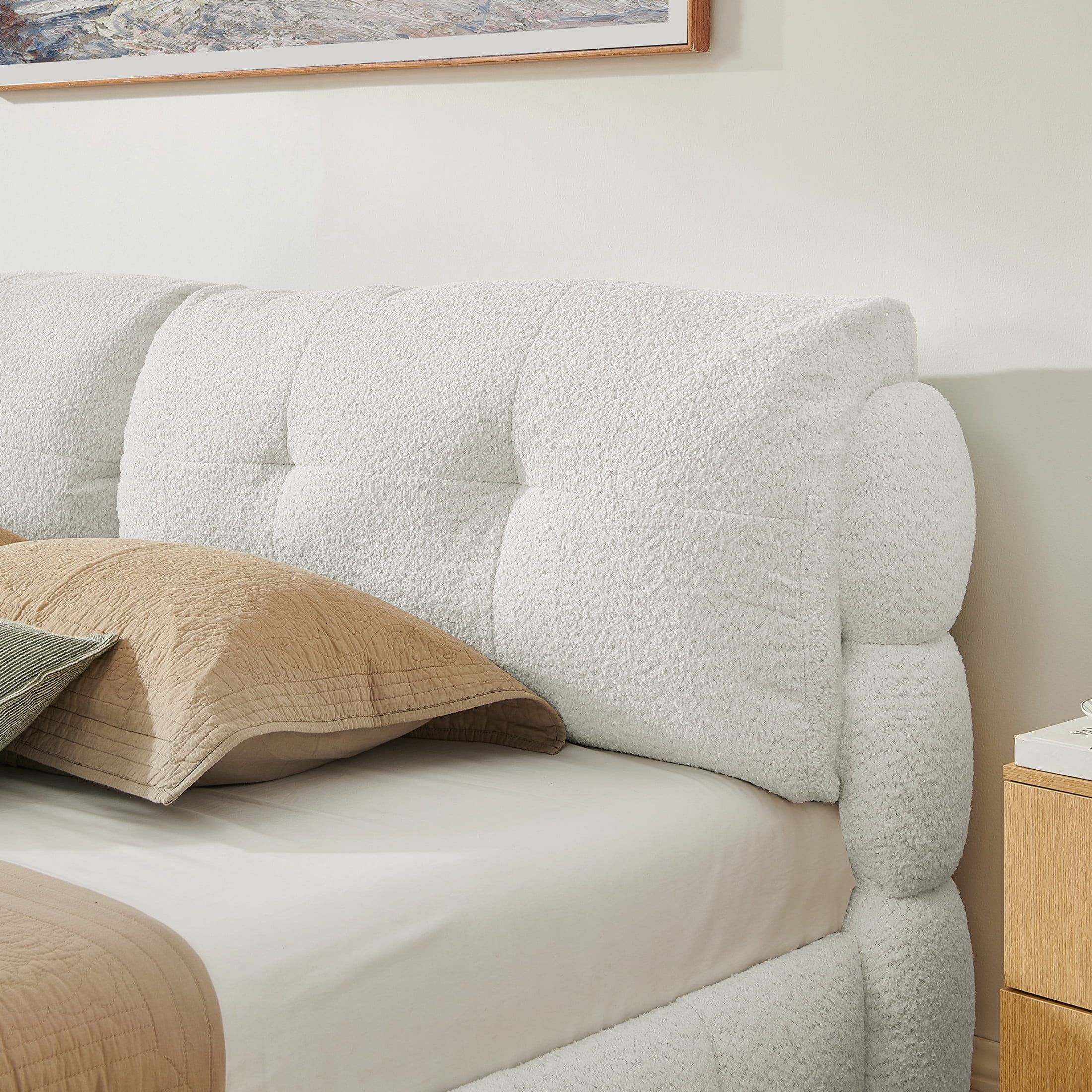Noble House Renton King Size Platform Bed Frame, Cloud Bouclé Upholstered Bed with Solid Wood Legs, Beige