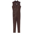 thumbnail image 5 of YiZYiF Womens Shiny Rhinestone Gymnastics Unitard Sleeveless Mesh Splice Figure Skating Dance Jumpsuit Brown L, 5 of 7