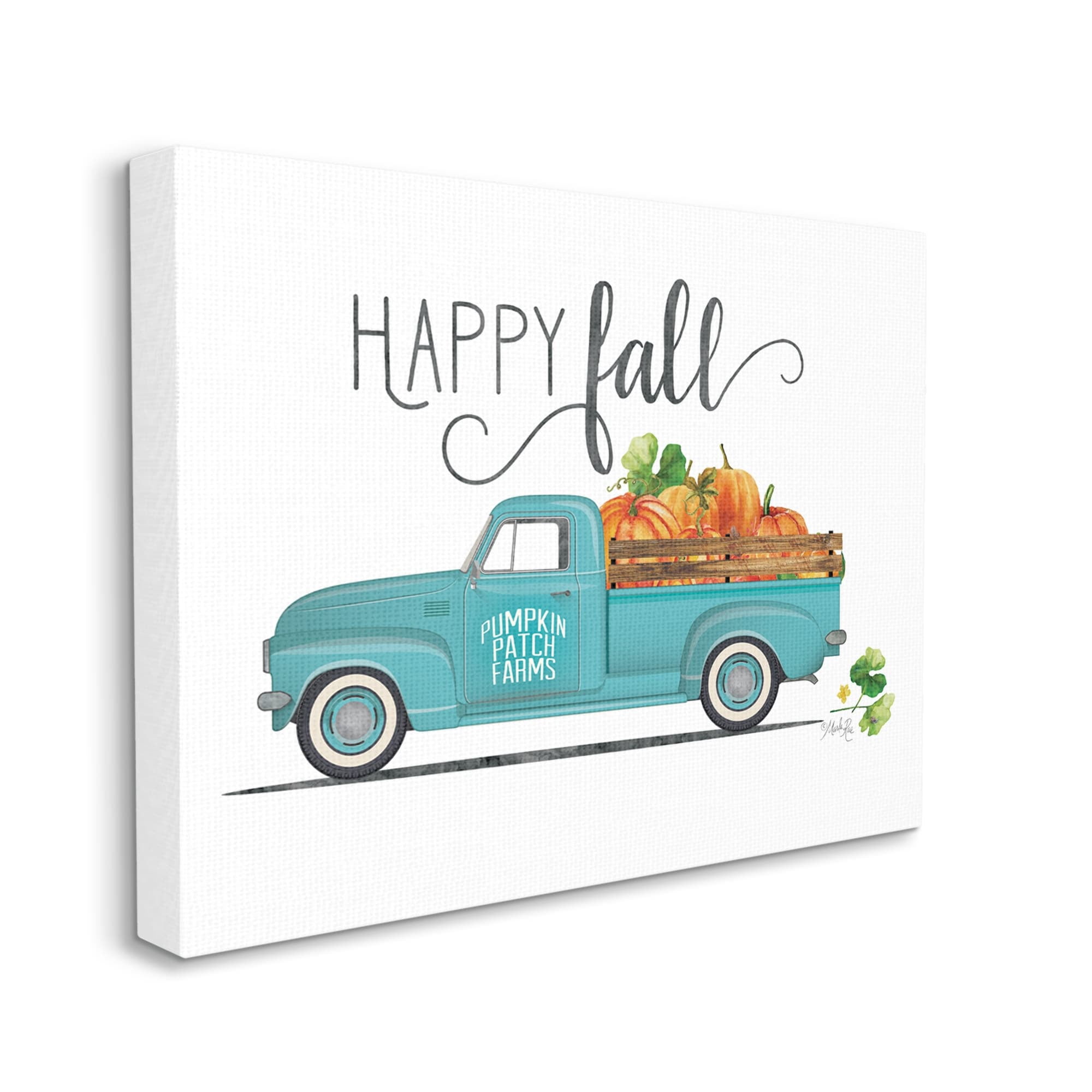 Happy Fall Blue Farm Truck Carrying Pumpkins Transportation Graphic Art Gallery-Wrapped Canvas Print Wall Art