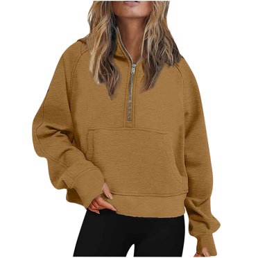 Jsaierl Chandails à Capuchon pour Femmes Demi-Zip Pull en Polaire Automne Décontracté Chandail en Molleton Court avec Poches Couleur Unie Hauts Chauds Sport Chandail en Molleton à Capuche