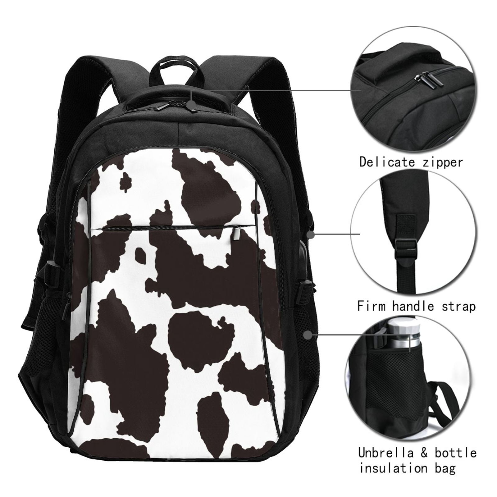 Horeoi Cow Skin 2 Print USB Backpack for Travel School Work with Laptop Compartment Charging Port and Anti-Theft Pocket
